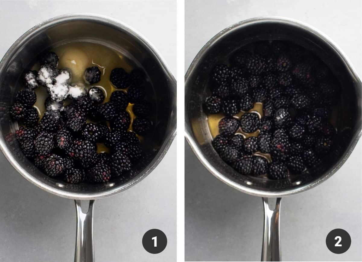 Stirring blackberries, sugar, and rum together in a small saucepan.