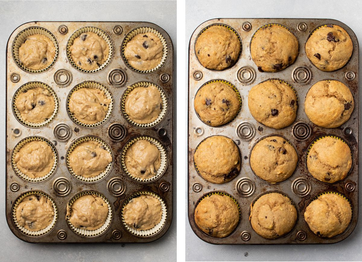 Muffins in a baking tin on a white table.