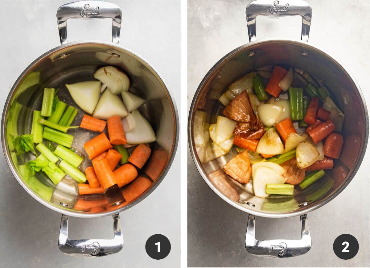 Browning veggies in a large stock pot.