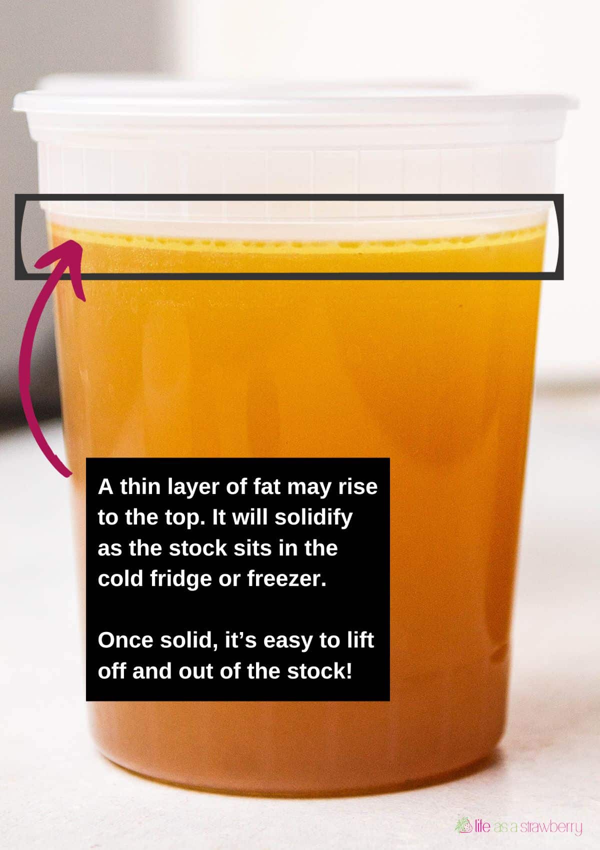 A layer of fat may form at the top of the stock. Once cold, it will lift right off.