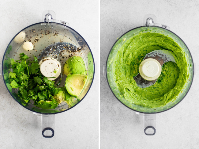 Avocado, cilantro, and lemon juice being blended into a thick paste in a food processor.