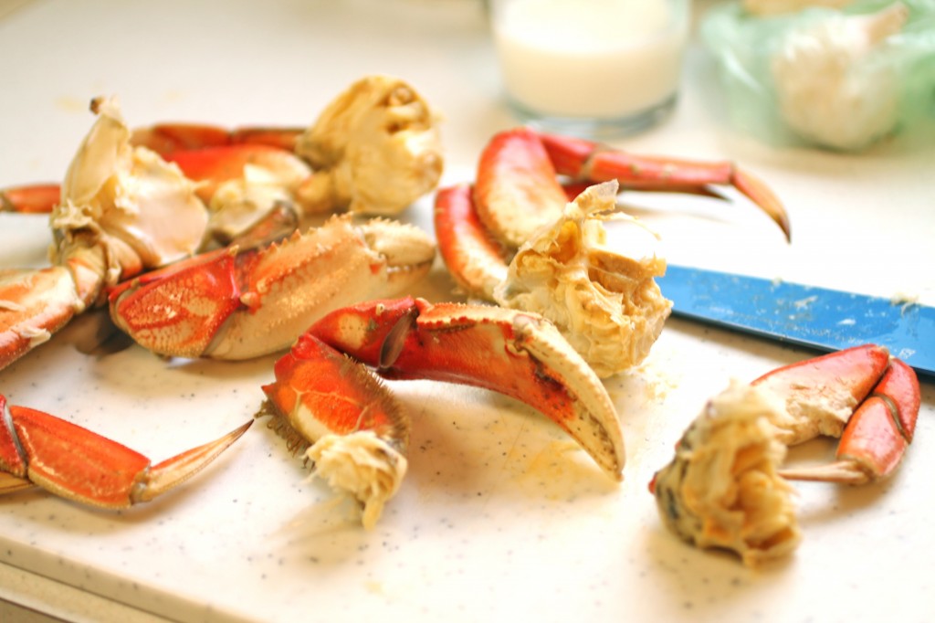 A cooked crab separated into pieces.