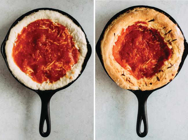 Aerial view of deep dish pizza before and after baking in a cast iron skillet.