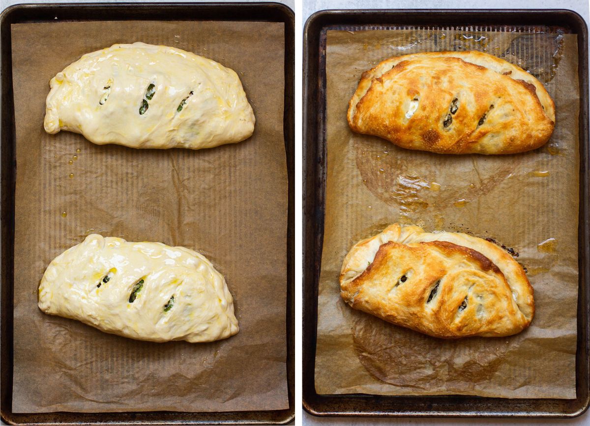 Two calzones on a baking sheet before and after cooking.