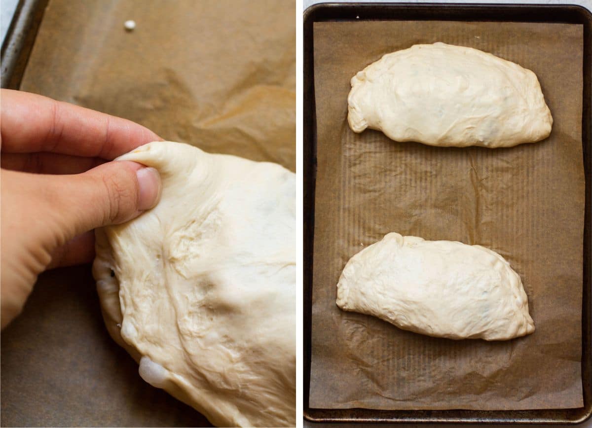 Hand pinching two sides of the calzone dough together to seal the edge.