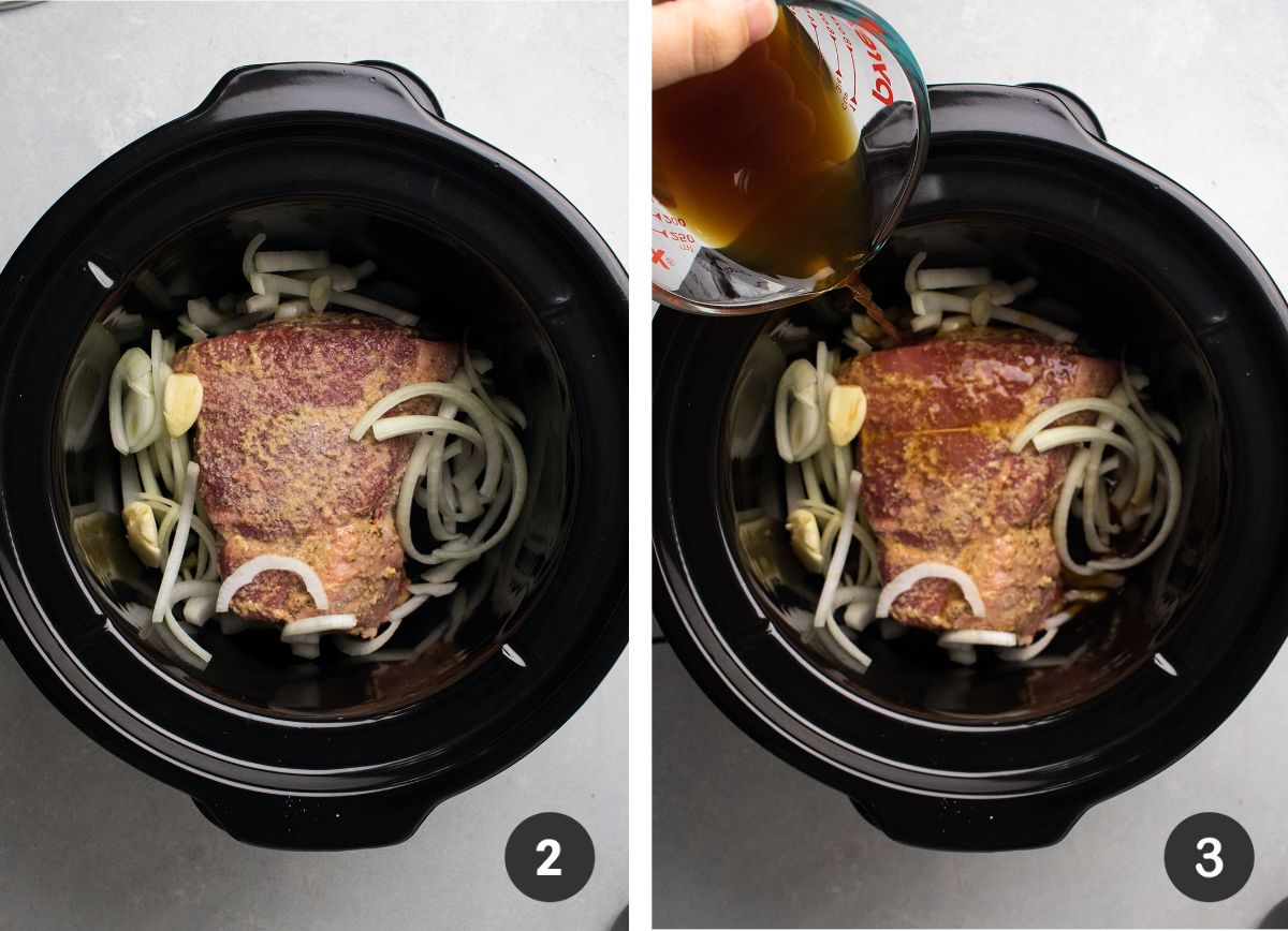 Adding roast, onions, and beer to crock pot.