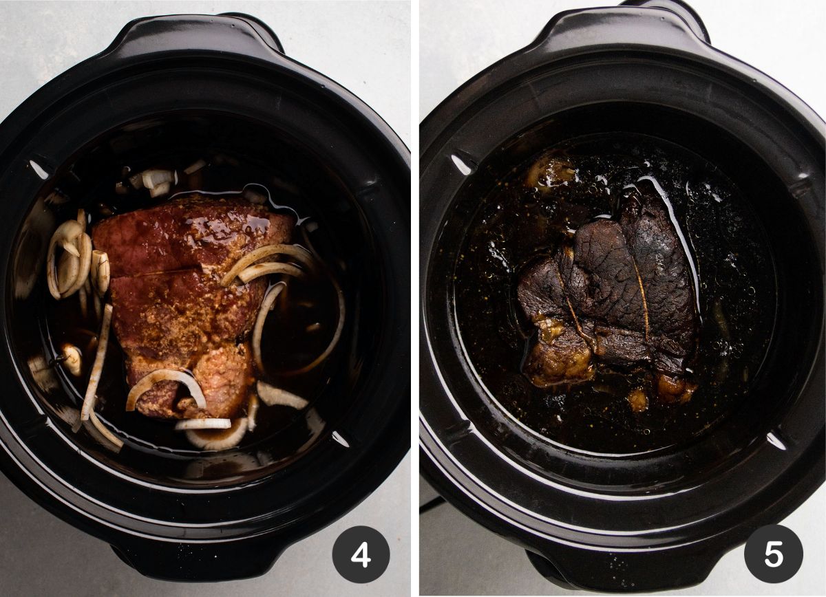 Sirloin roast, before and after cooking in the crockpot.