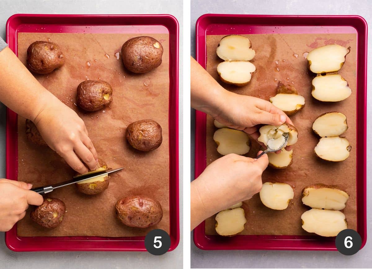Slicing baked red potatoes in half before scooping out the centers.