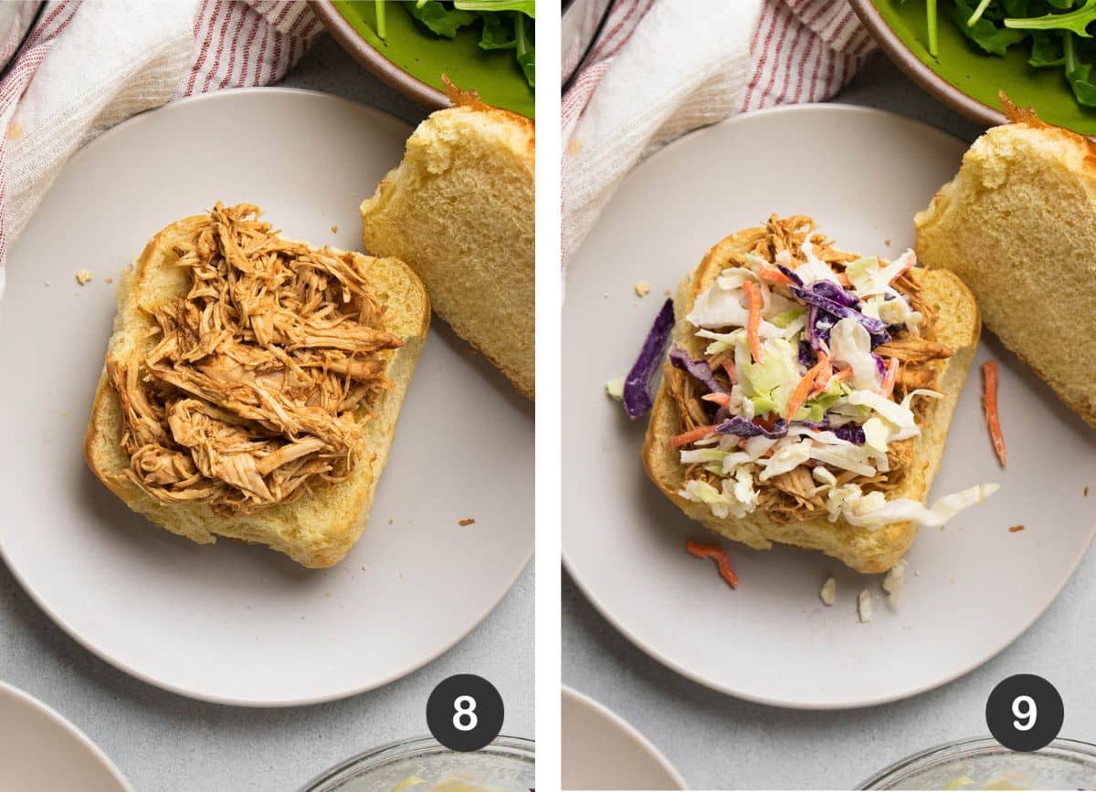 Adding shredded chicken and slaw to a toasted sandwich roll.