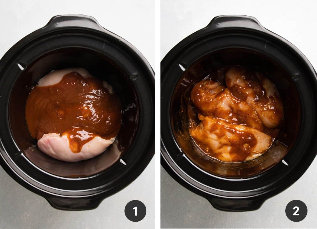Tossing chicken breasts and barbecue sauce together in a slow cooker.