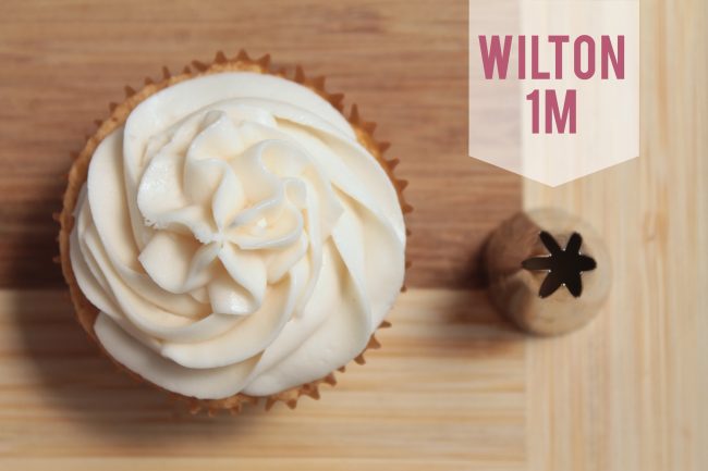 Wilton 1M frosting tip next to a cupcake frosted with that tip.