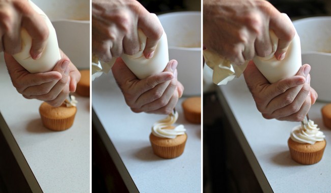 Using a pastry bag to pipe frosting onto cupcakes.