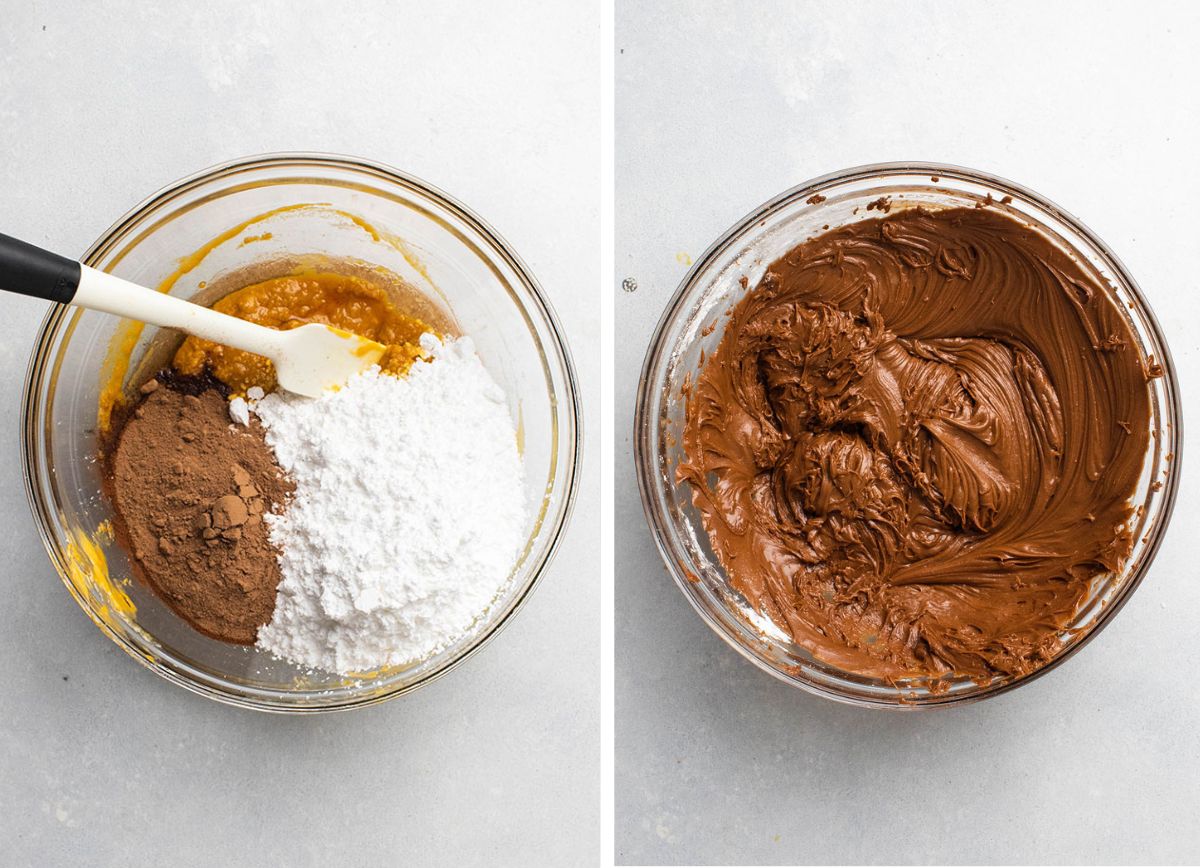 Mixing chocolate butterscotch frosting in a glass mixing bowl.