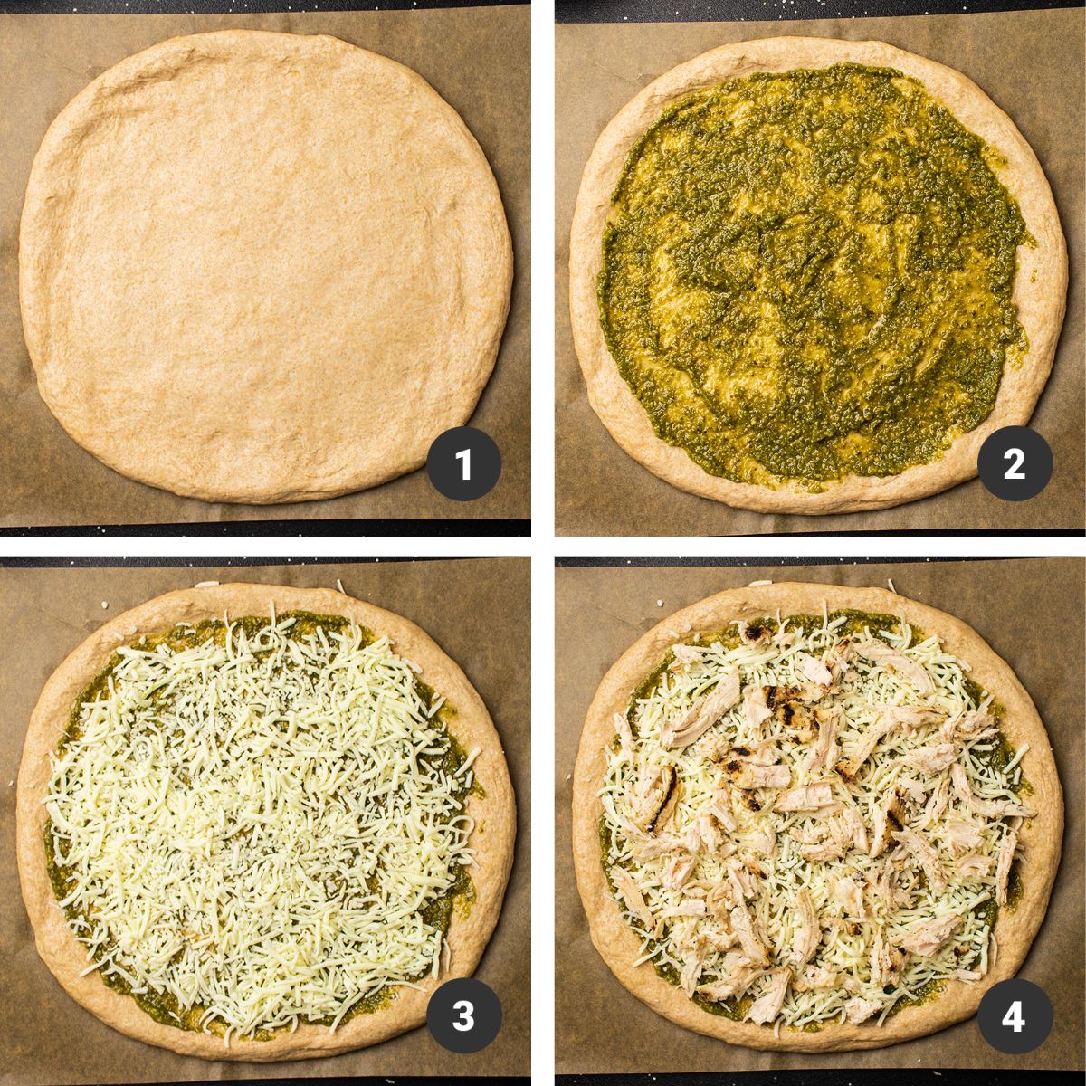 Pizza dough topped with pesto, cheese, and shredded chicken.