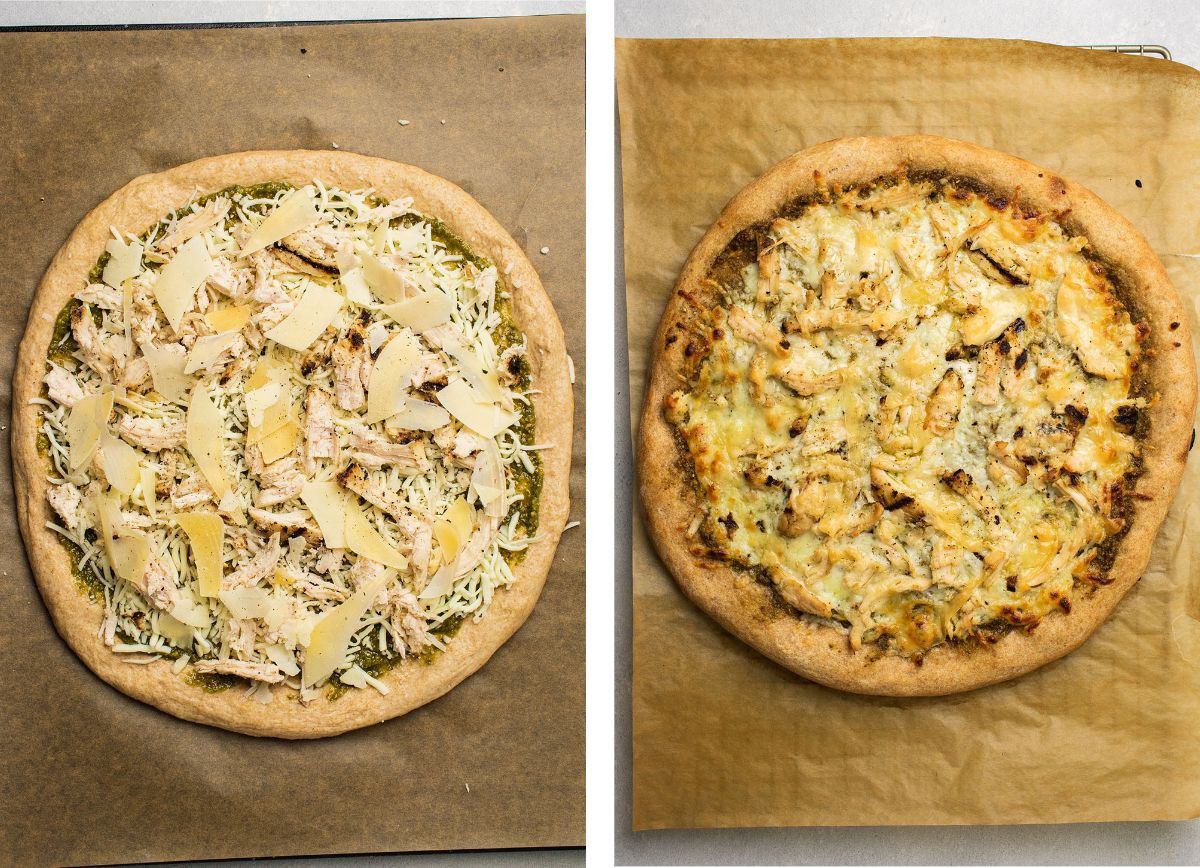 Chicken pizza, before and after baking.