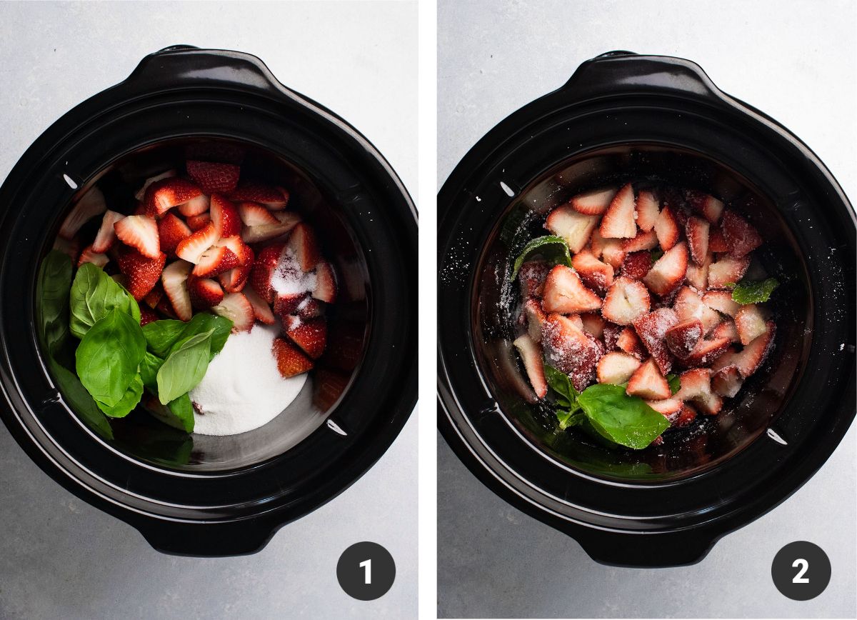 Strawberries, basil, and sugar in the bowl of a slow cooker.