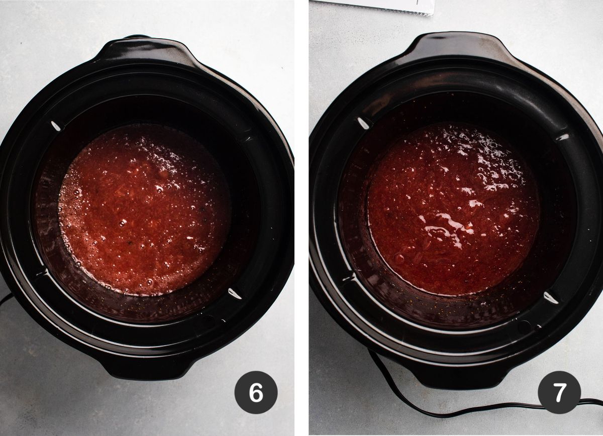 Strawberry jam before and after thickening.