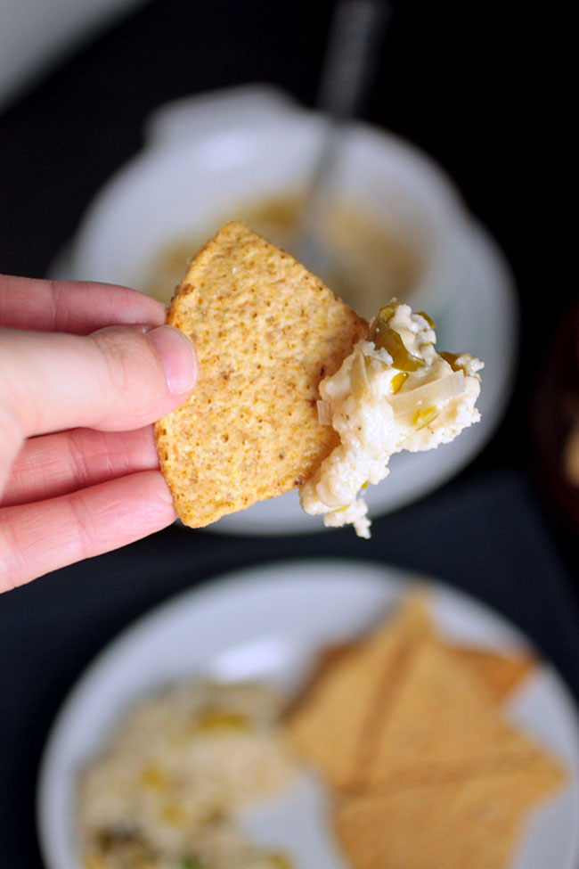 Hand holding a tortilla chip with a scoop of cheese dip on it.