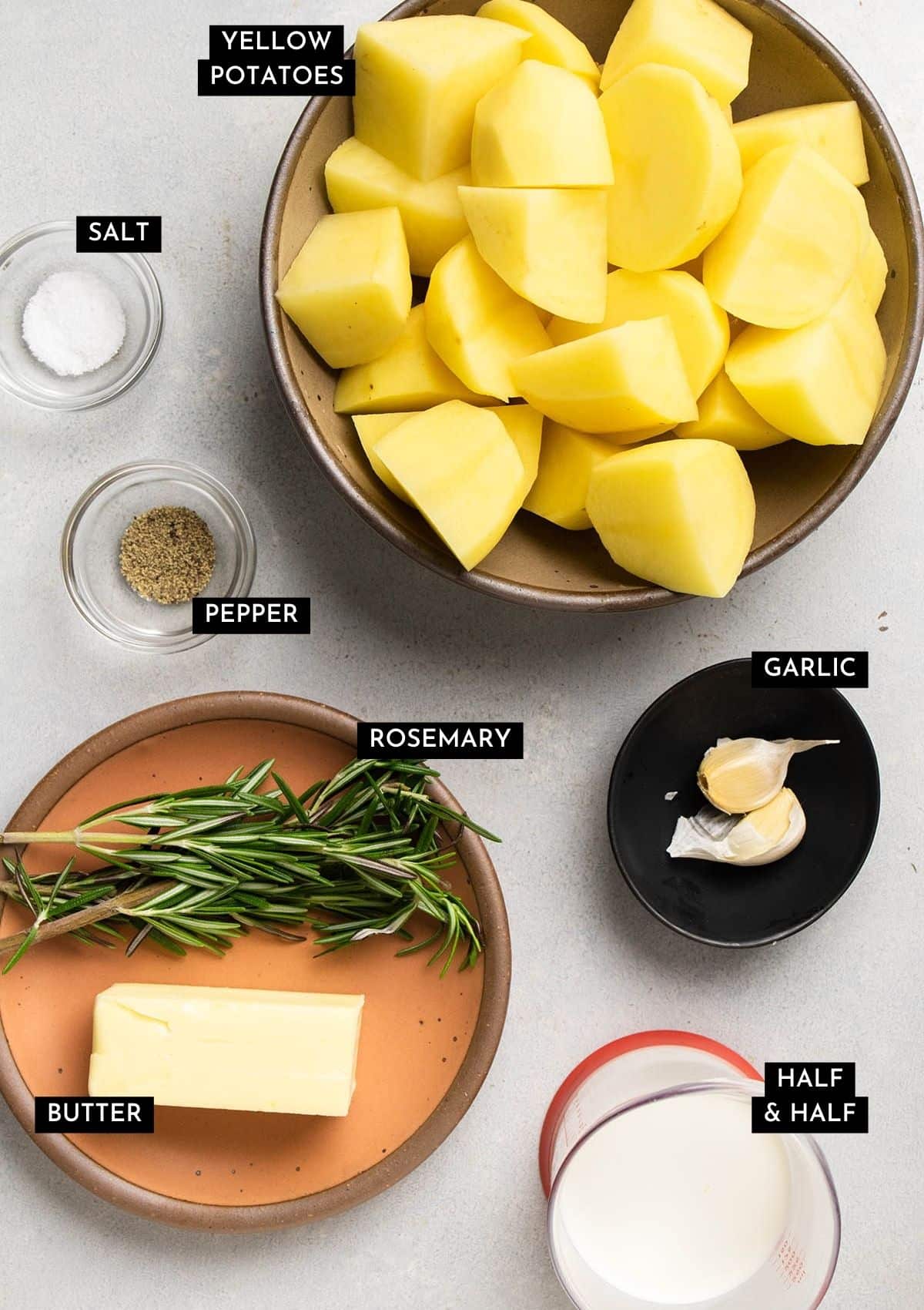 Recipe ingredients, prepped and measured into individual bowls.