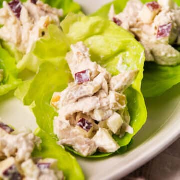 Lettuce wrap filled with chicken salad on a white plate.