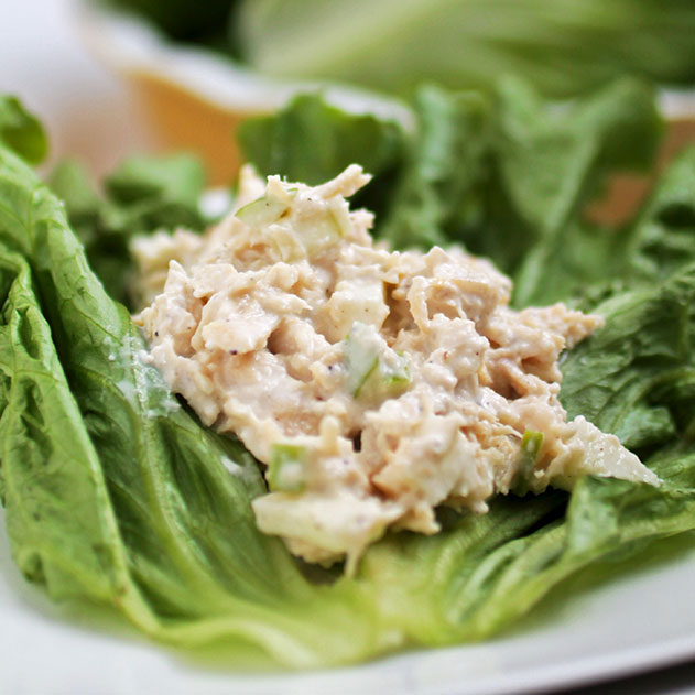 Chicken salad on a lettuce wrap.