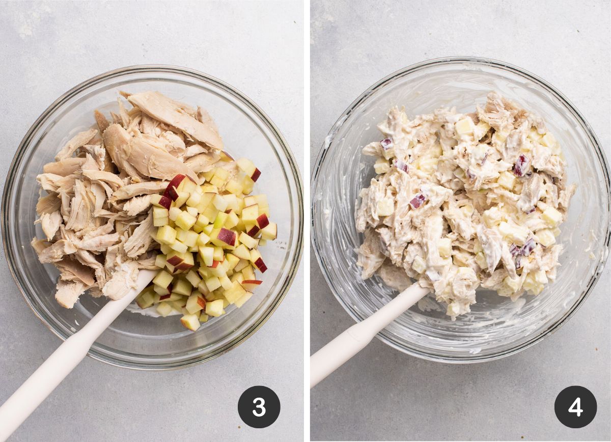 Mixing chicken and apples into salad.