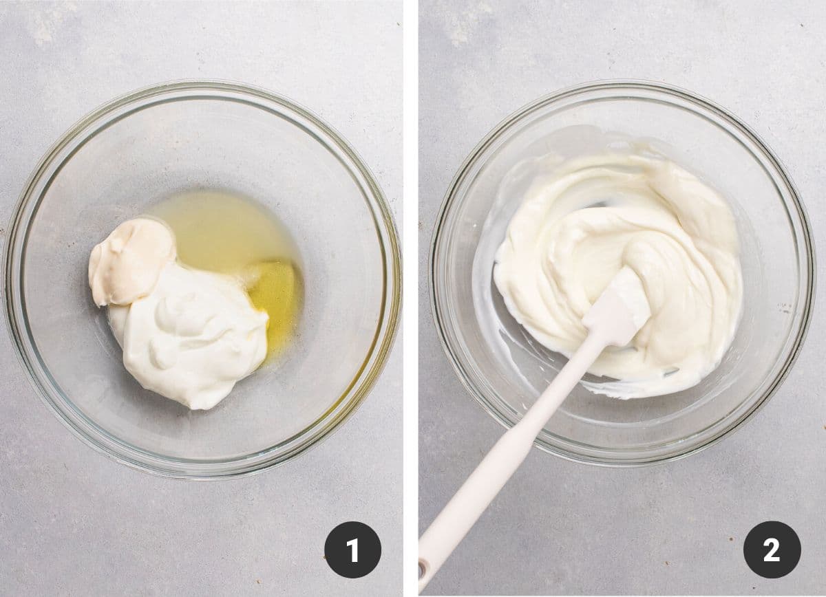 Mixing greek yogurt, lemon juice, mayo, and honey in a large glass bowl.
