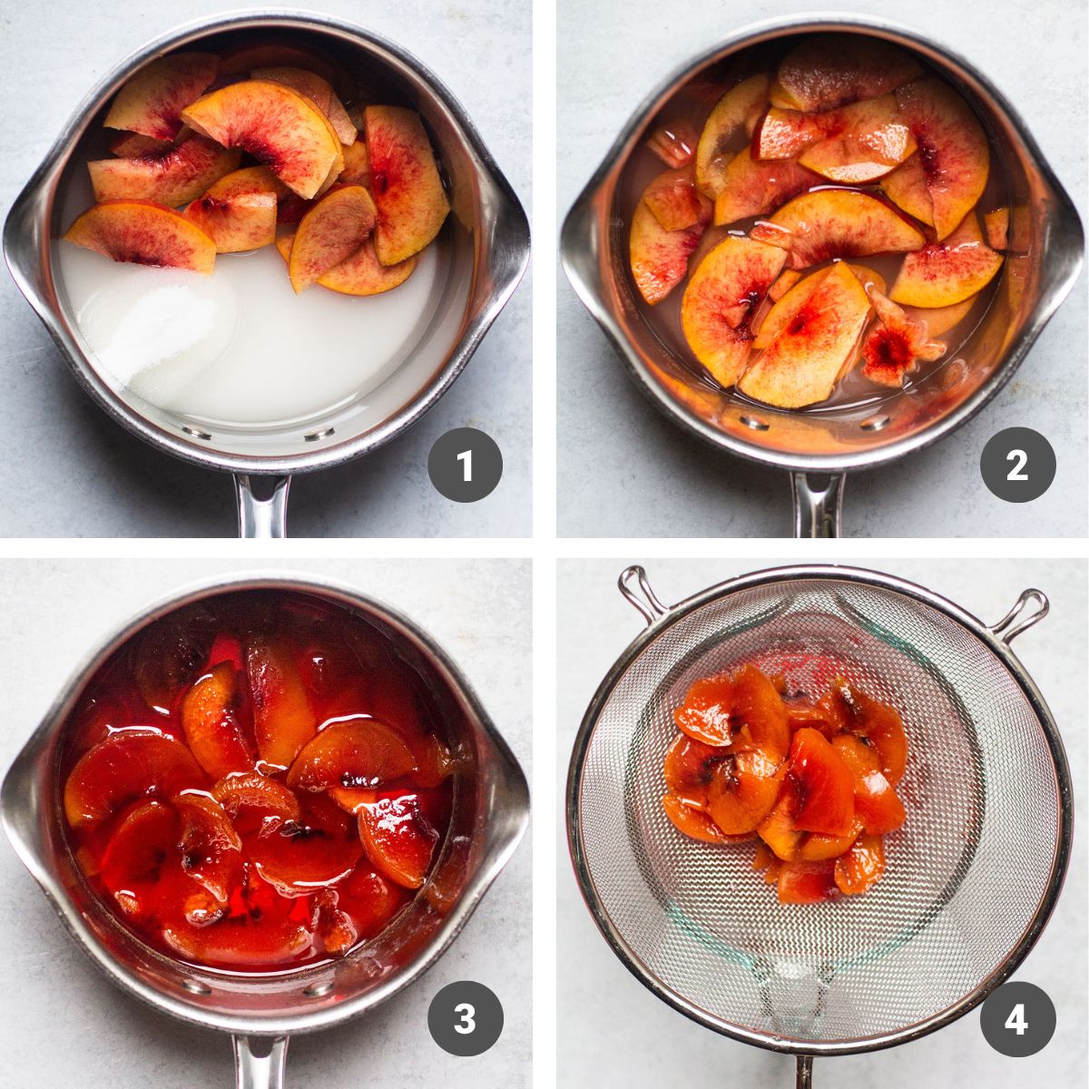 Peach slices, sugar, and water stirred together in a small saucepan.