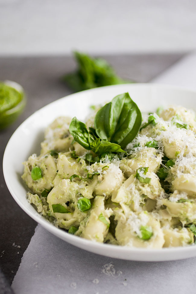Pesto tortellini in a shallow white bowl with a fresh sprig of basil.