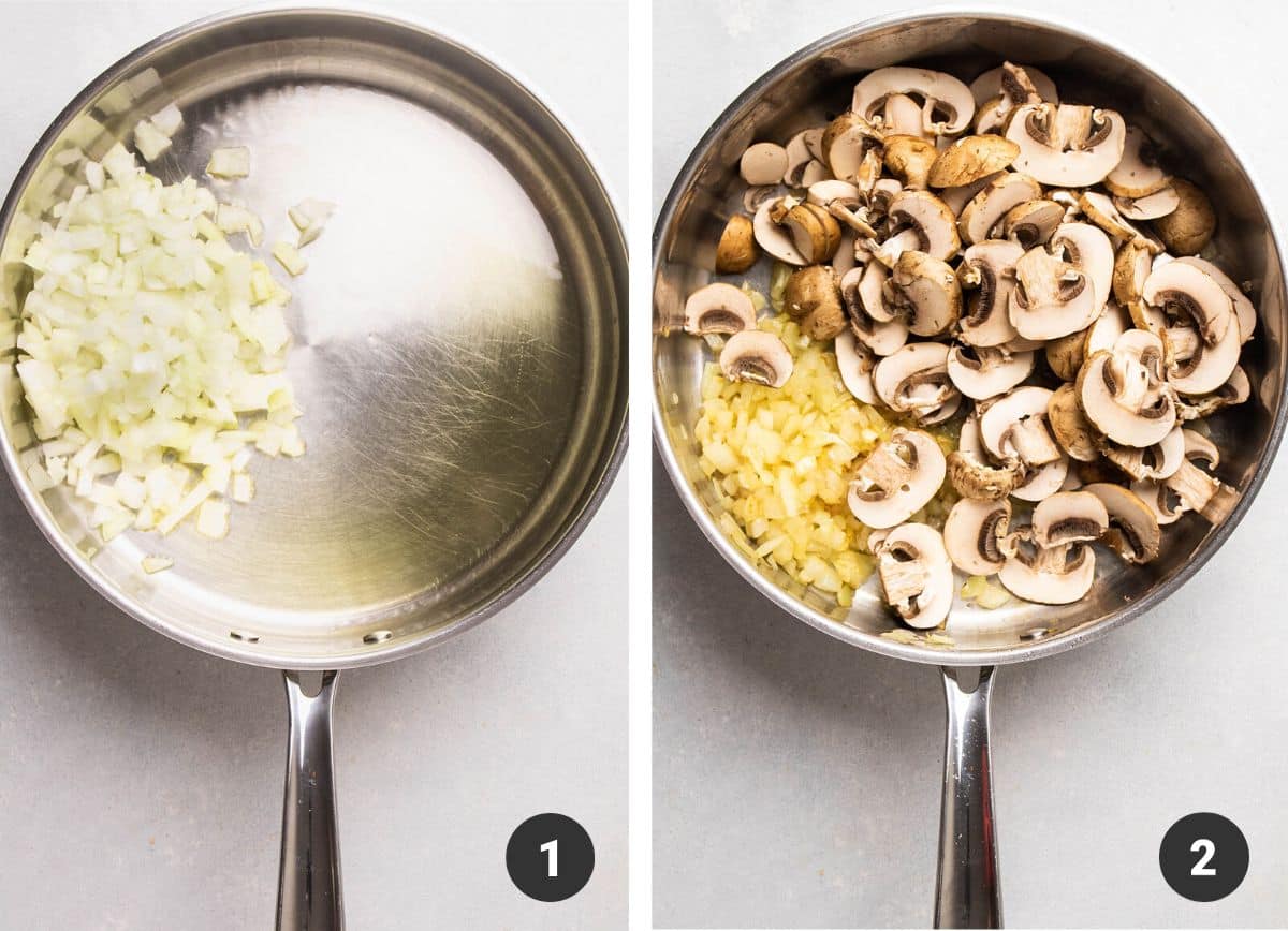 Cooking onions and mushrooms in a large, deep skillet.