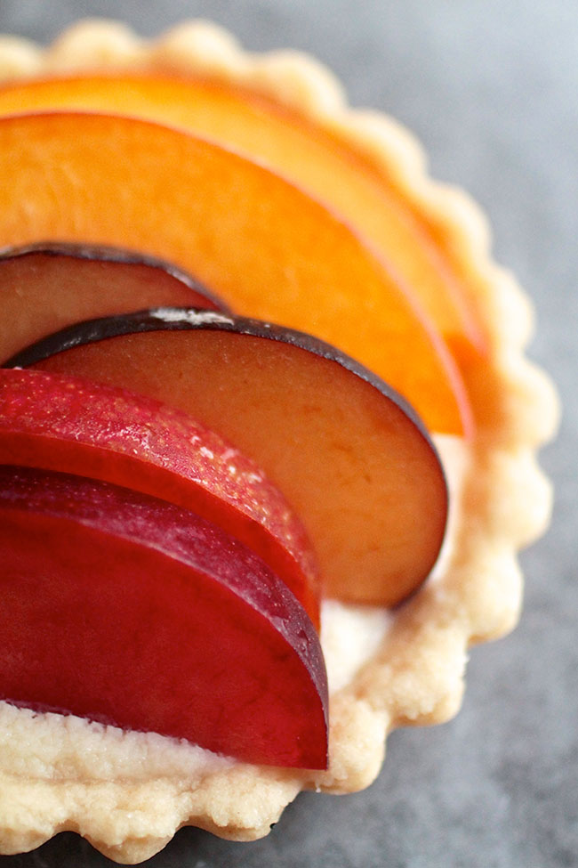 Close up of the slices of stone fruit on top of a tartlet.