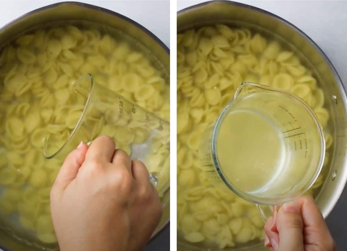 Reserving pasta water with a small measuring cup.