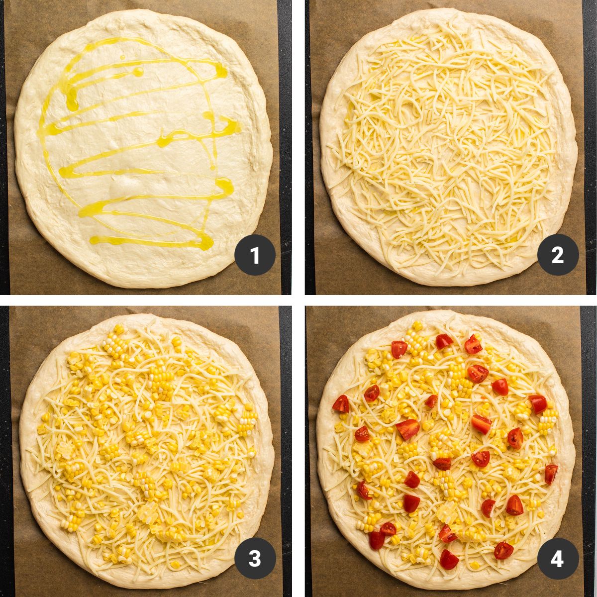 Adding cheese, corn, and tomatoes to pizza dough.