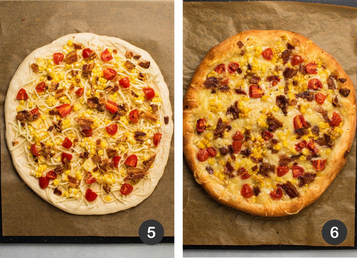 Corn and tomato pizza, before and after baking.