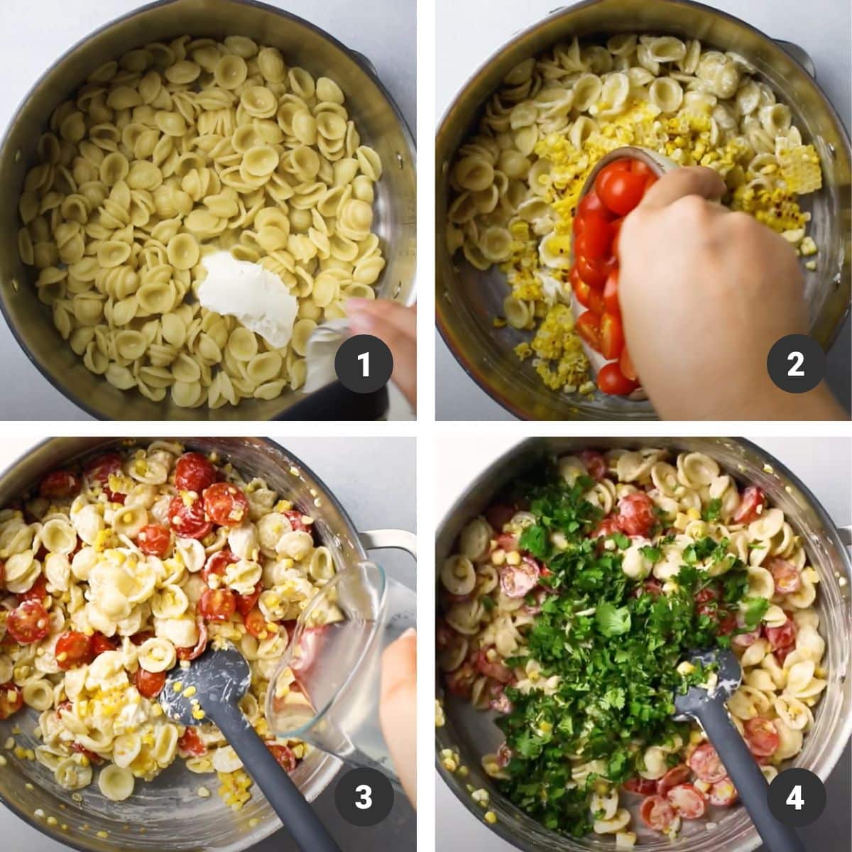 Mixing cream cheese and veggies into pasta.