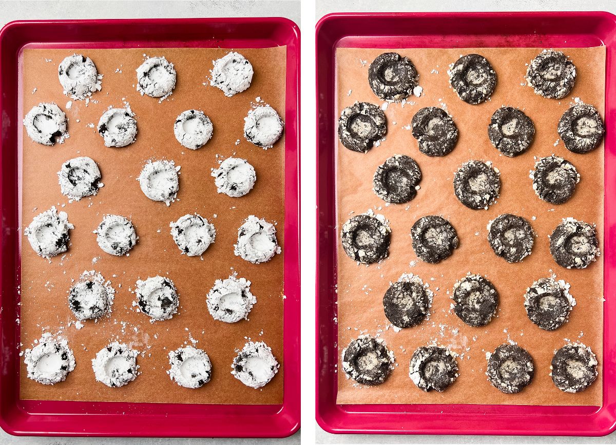 Thumbprint cookies, before and after baking.