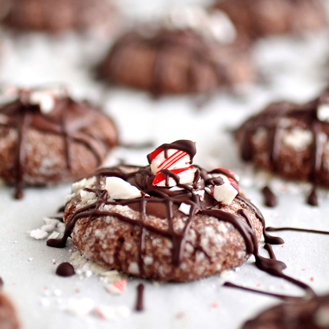 Chocolate cookie on white background with chocolate drizzle and crushed peppermint.