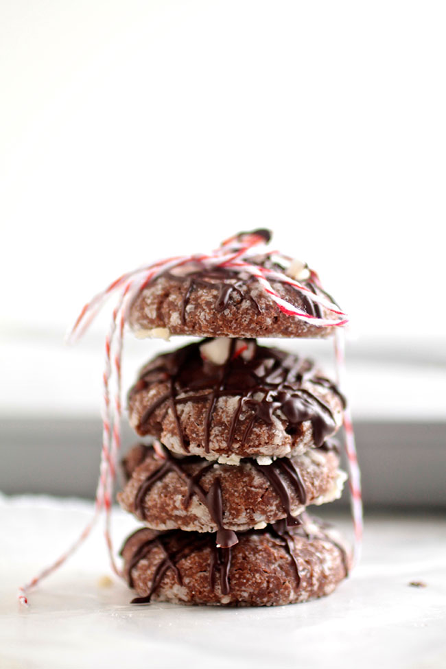 Four chocolate cookies, stacked in a tower and wrapped with a red and white striped piece of twine. 