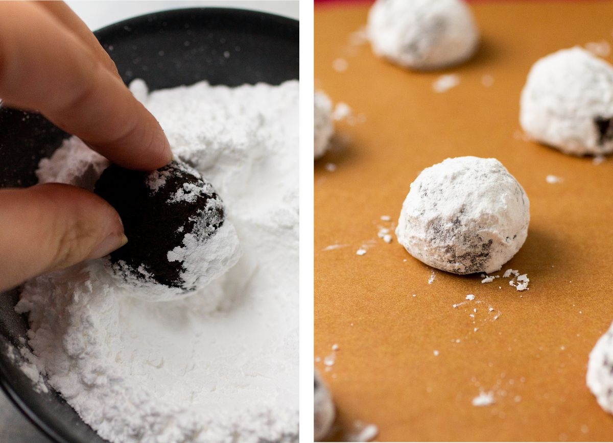 Hands rolling a ball of cookie dough in powdered sugar.