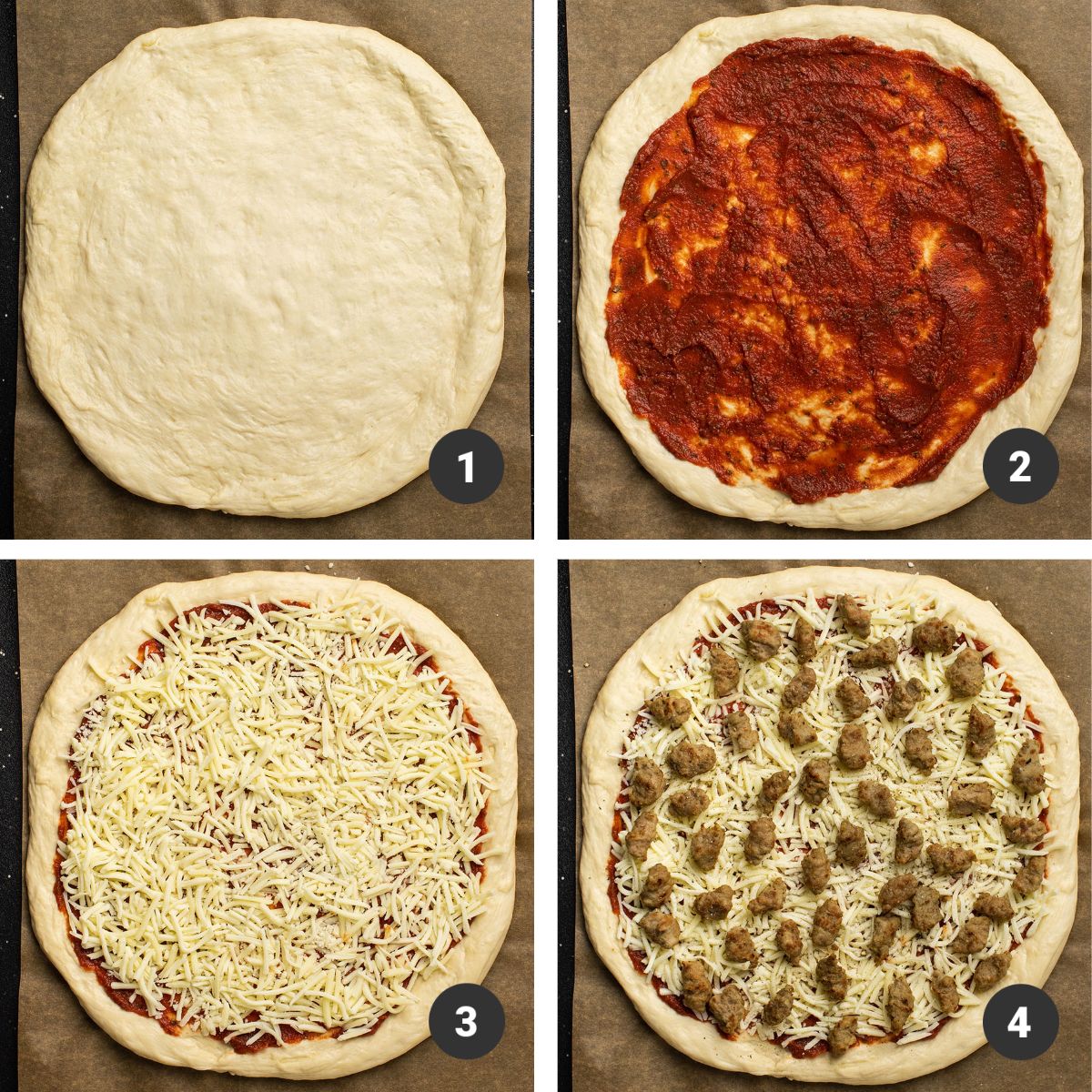 Adding pizza sauce, cheese, and sausage to pizza dough.