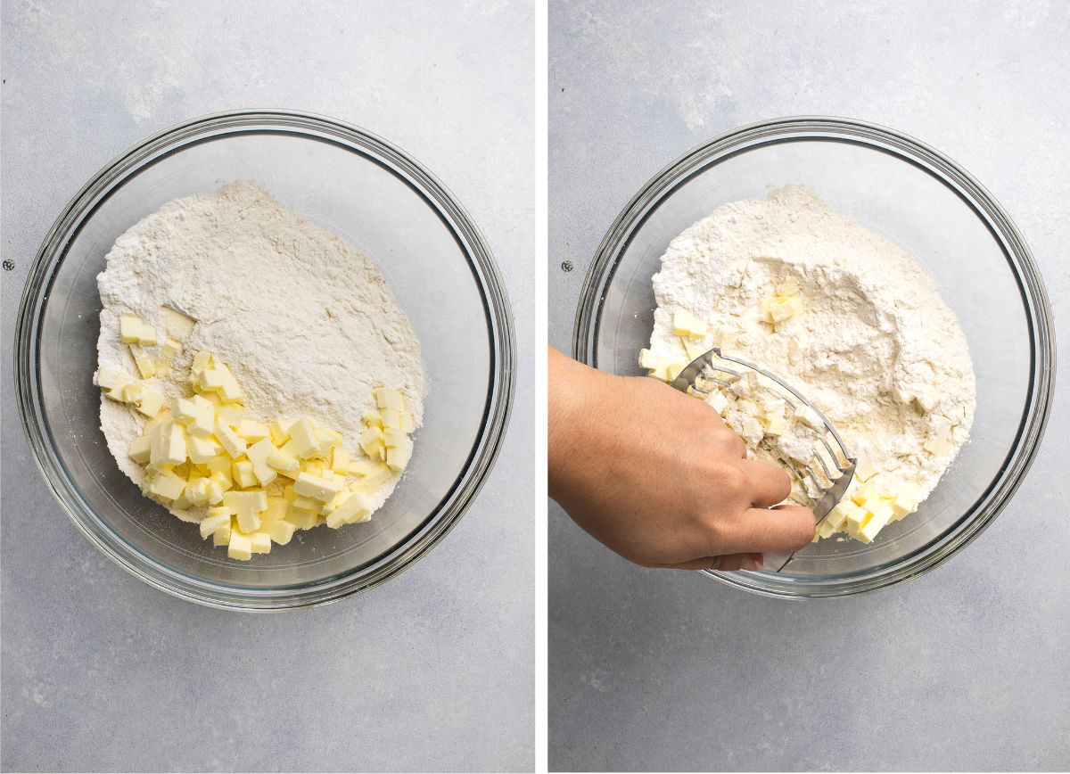 Hand using a pastry blender to cut butter into a bowl full of flour.