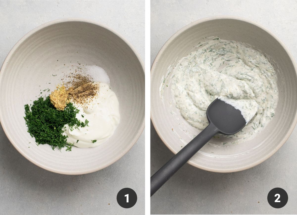 Mixing greek yogurt, herbs, and seasonings together to form the dressing.
