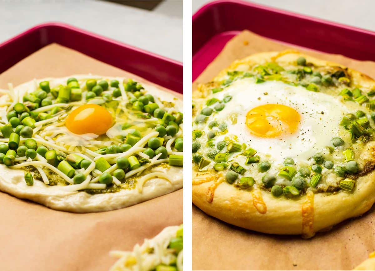 Breakfast pizza before and after baking.