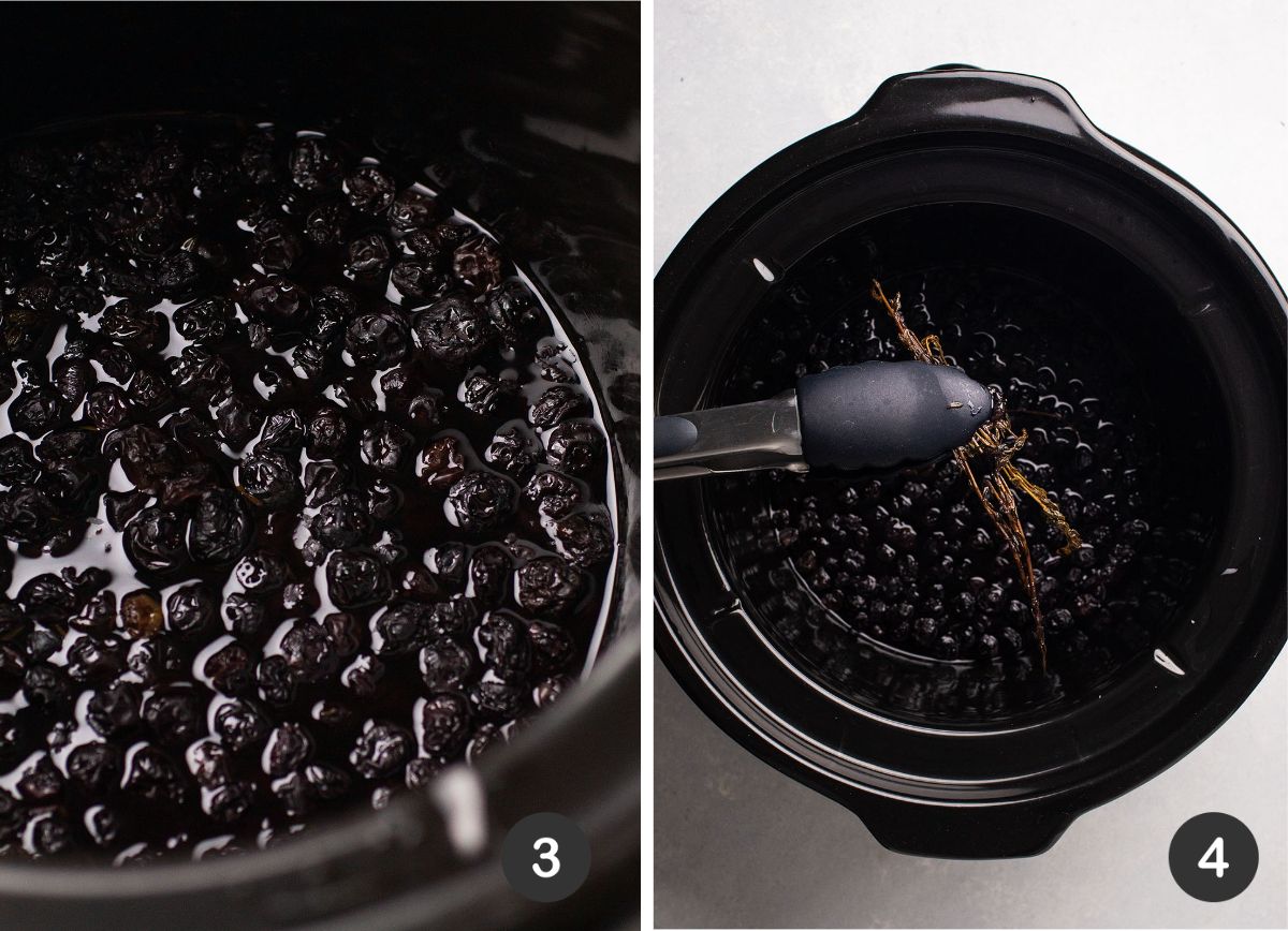 Using kitchen tongs to remove thyme sprigs from cooked blueberries.