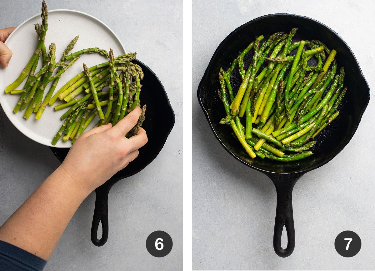 Adding asparagus to the cast iron skillet.