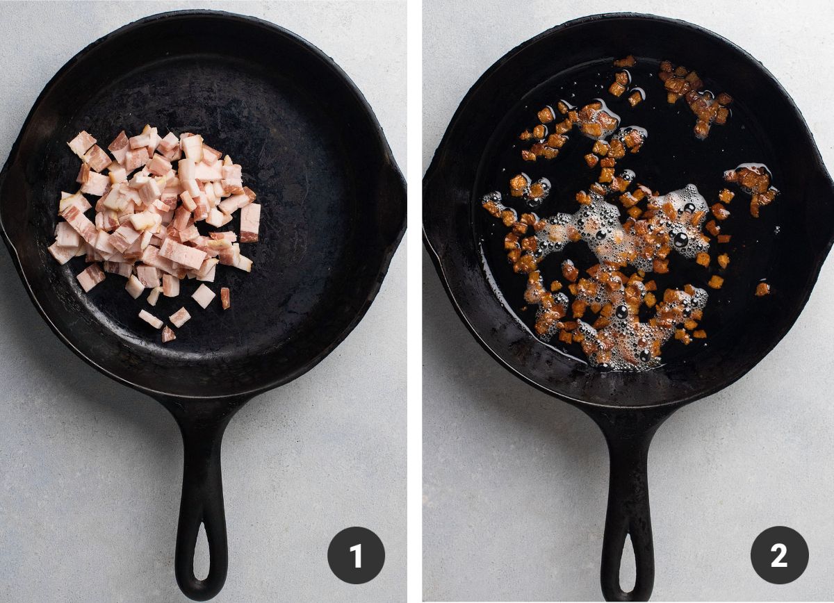 Cooking bacon pieces in a cast iron skillet until crispy.