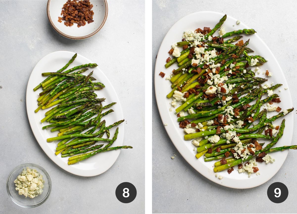 Adding bacon and blue cheese to a white platter with cooked asparagus.