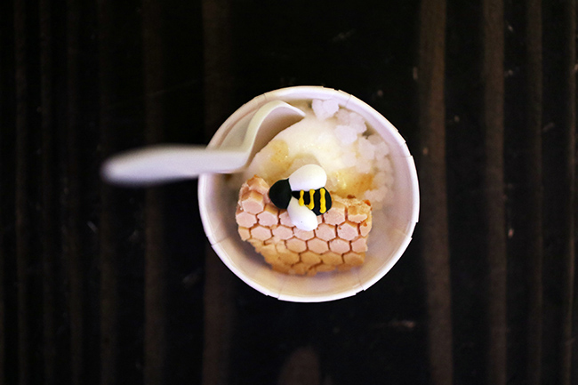 A scoop of ice cream topped with a chocolate bee and honeycomb piece.