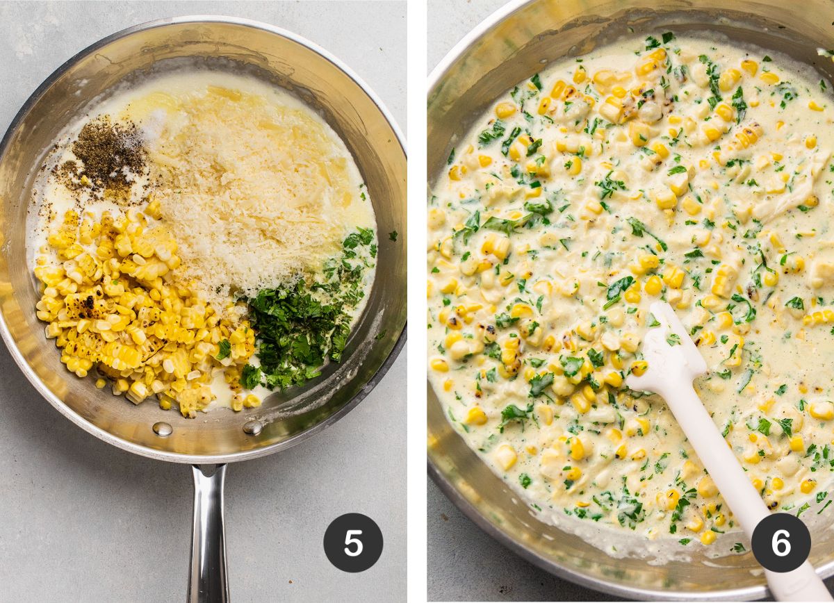 Stirring corn, cilantro, and parmesan into cream sauce.