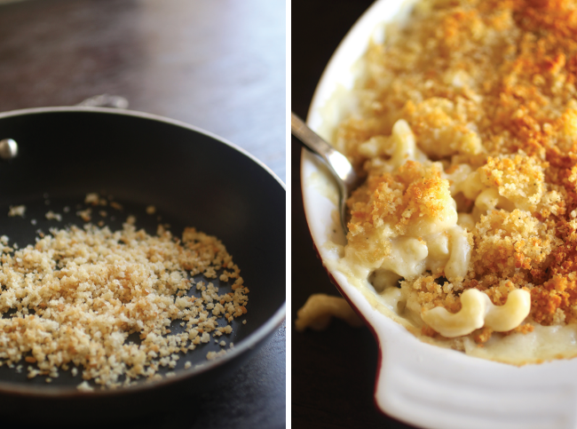 Mac and cheese with toasted bread crumbs in a white baking dish.